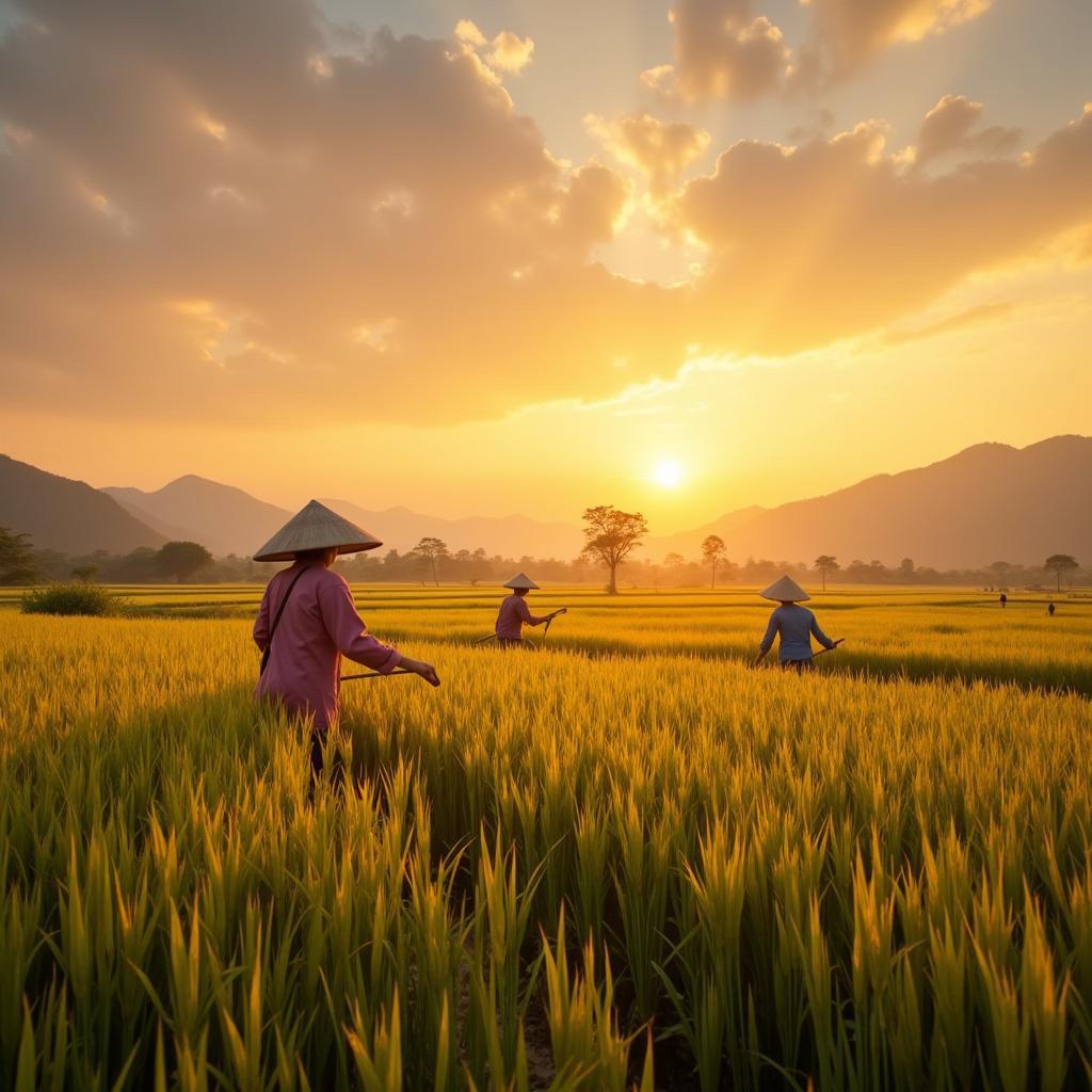 Toàn cảnh cánh đồng lúa chín vàng rực rỡ tại Bảo Đài, Bắc Ninh vào một buổi chiều tà