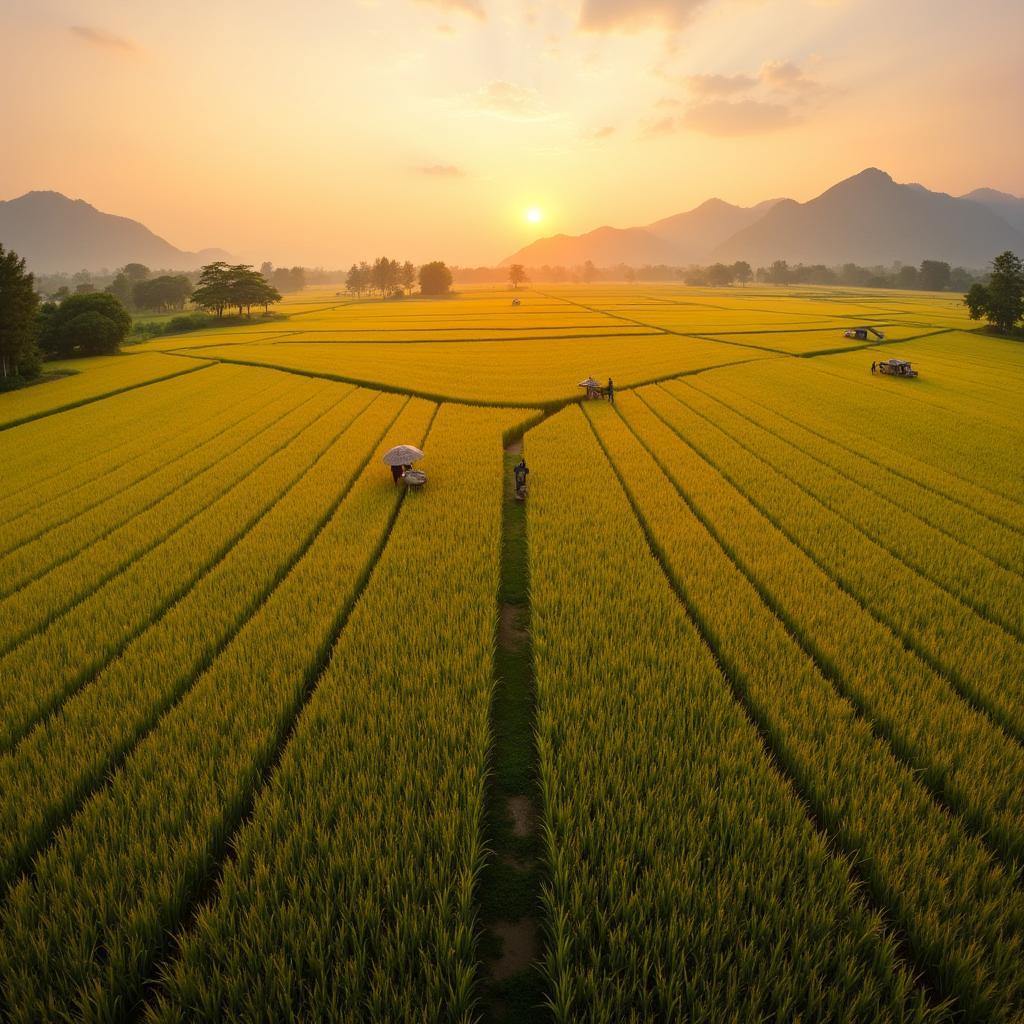 Toàn cảnh cánh đồng lúa chín vàng rực rỡ tại Nam Tiền Hải, Hưng Yên vào một buổi chiều tà, thể hiện vẻ đẹp trù phú của nông thôn Việt Nam