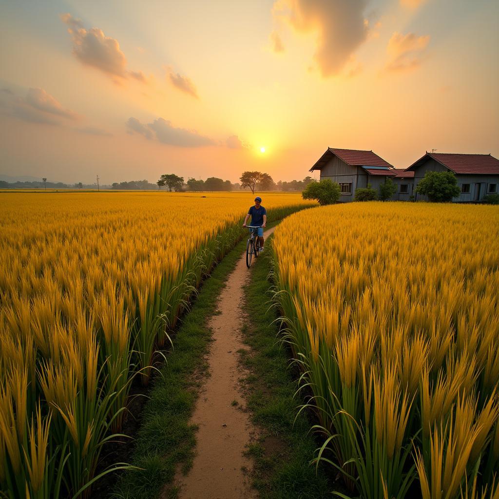 Bức tranh đồng quê yên bình tại xã Quỳnh An, tỉnh Hưng Yên với cánh đồng lúa chín vàng rực rỡ dưới ánh nắng chiều