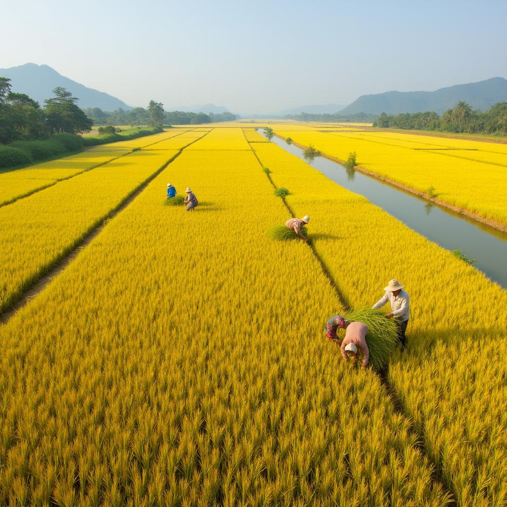 Cánh đồng lúa chín vàng rực rỡ tại xã Hồng Quang, tỉnh Hưng Yên, thể hiện vẻ đẹp nông thôn trù phú