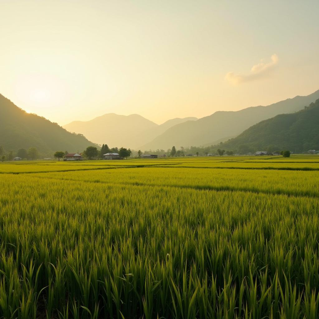 Bức tranh cánh đồng lúa chín vàng ươm thanh bình tại xã Nhân Nghĩa, tỉnh Phú Thọ vào một buổi chiều tà