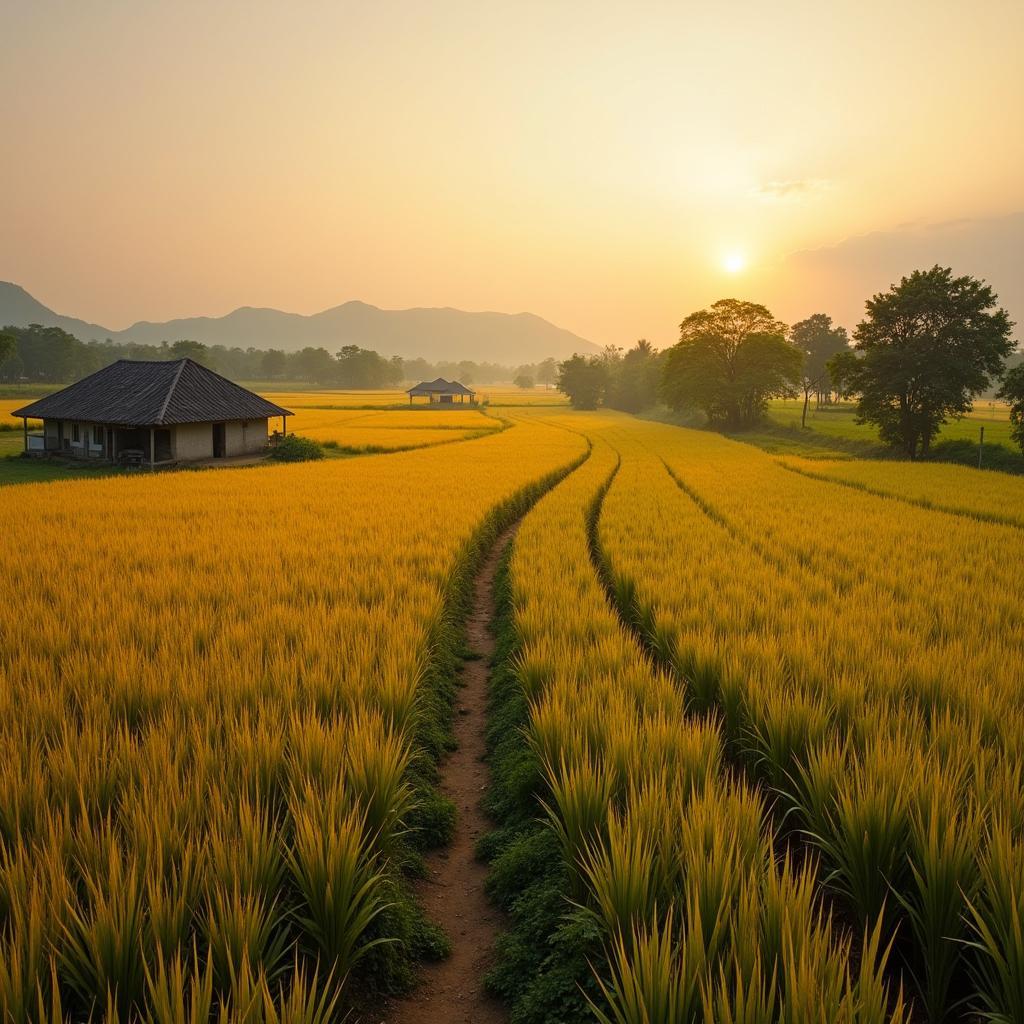 Toàn cảnh cánh đồng lúa chín vàng rực rỡ dưới ánh nắng tại Xã Hiệp Lực, thể hiện vẻ đẹp bình dị của làng quê Bắc Bộ.
