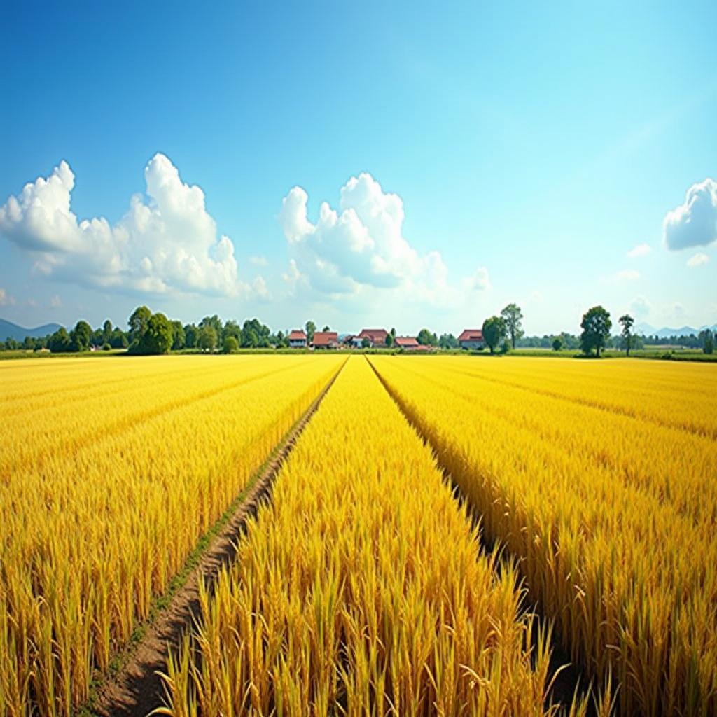 Toàn cảnh cánh đồng lúa chín vàng rực rỡ và trù phú tại Xã Nam Dương, Bắc Ninh.