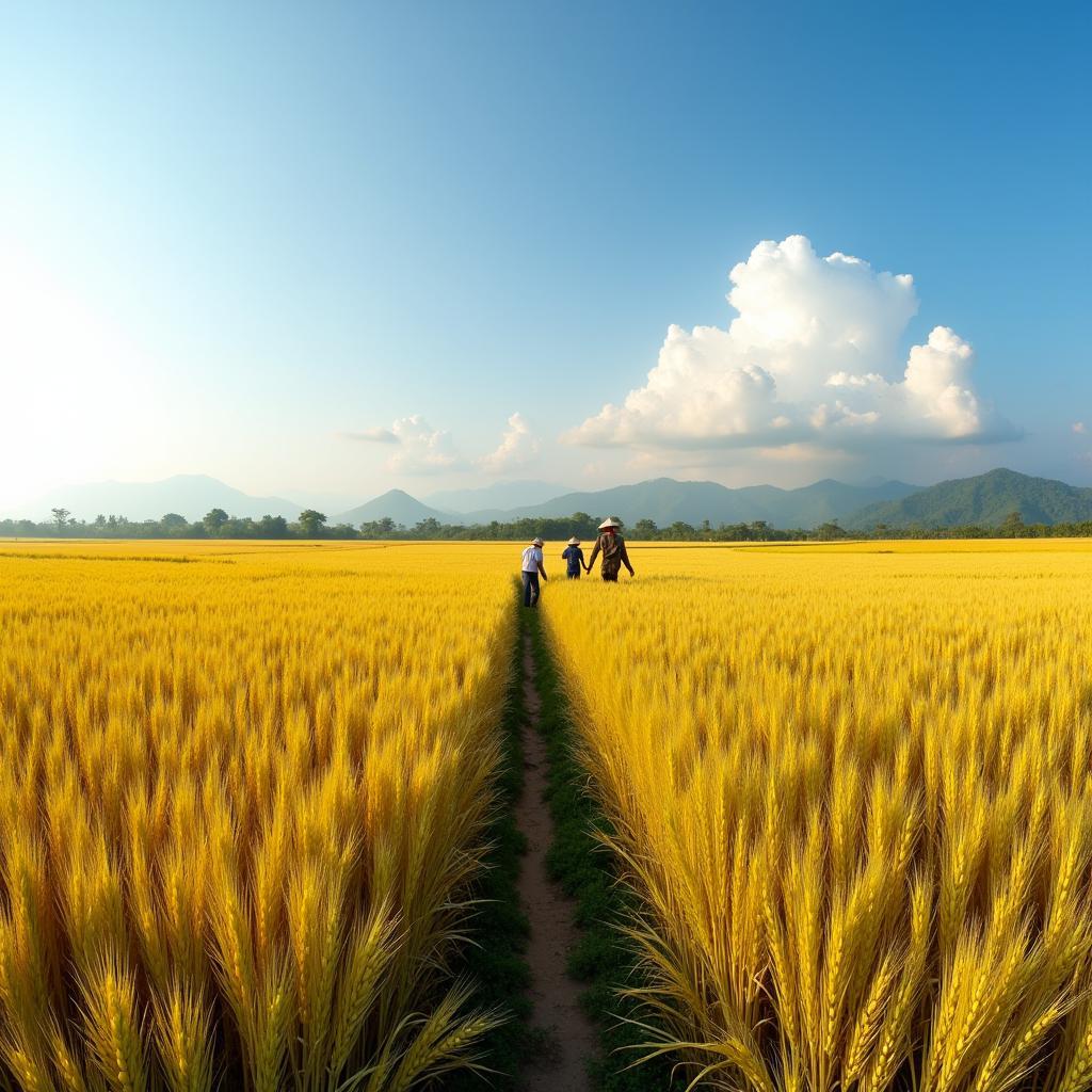 Toàn cảnh cánh đồng lúa chín vàng trĩu hạt tại Xã Đông Phú, Bắc Ninh vào mùa gặt.