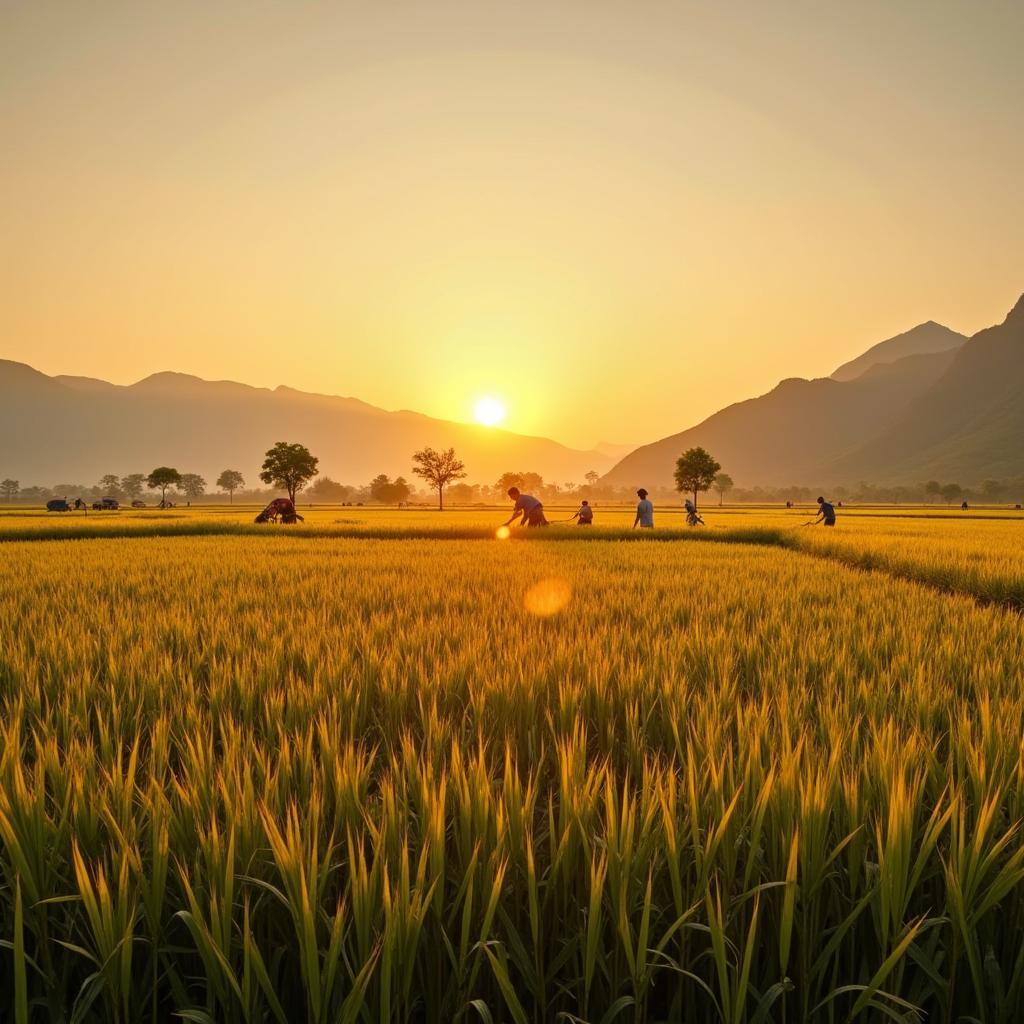 Bức tranh đồng quê thanh bình tại xã Lương Bằng, tỉnh Hưng Yên với cánh đồng lúa chín vàng óng ả dưới ánh nắng chiều
