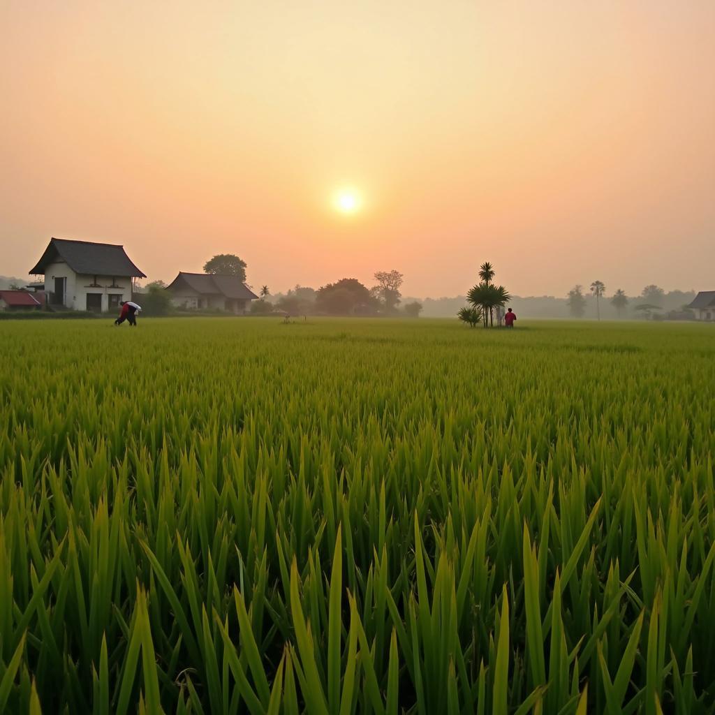 Khung cảnh cánh đồng lúa vàng óng ả, thanh bình tại Xã Biên Sơn, tỉnh Bắc Ninh vào một buổi chiều tà