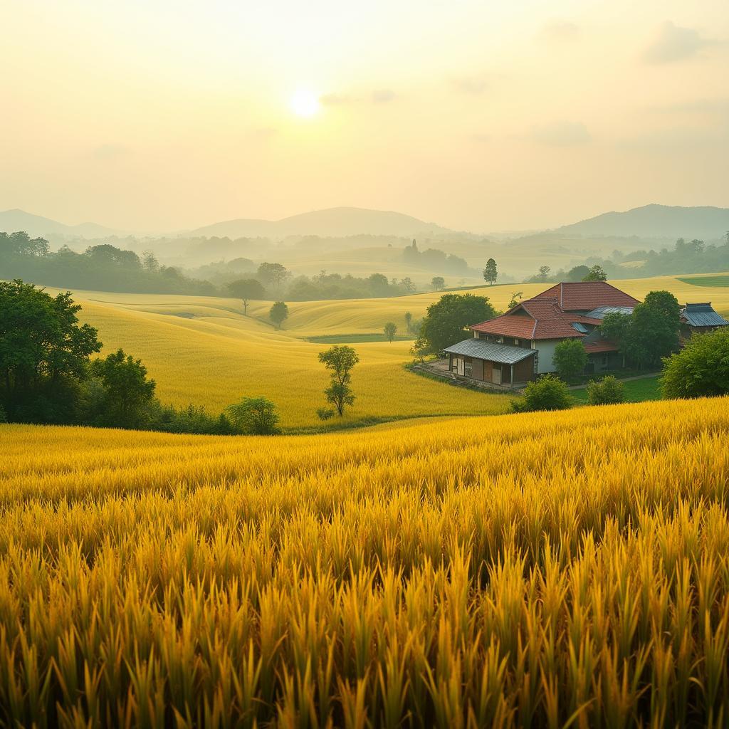 Toàn cảnh cánh đồng lúa chín vàng óng ả tại xã Vân Sơn, Bắc Ninh trong buổi chiều tà yên bình.