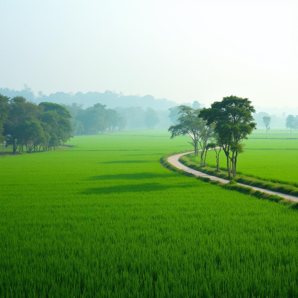 Vẻ đẹp bình yên của Xã Hòa Hội: Canh dong lua xanh muot va duong lang nho.