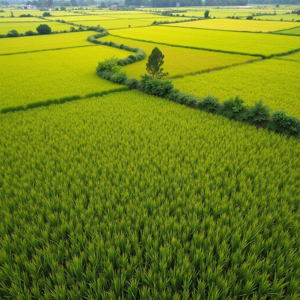 Canh dong lua tai Xa Hoa Xa, Ung Hoa, Ha Noi, the hien hoat dong san xuat nong nghiep.