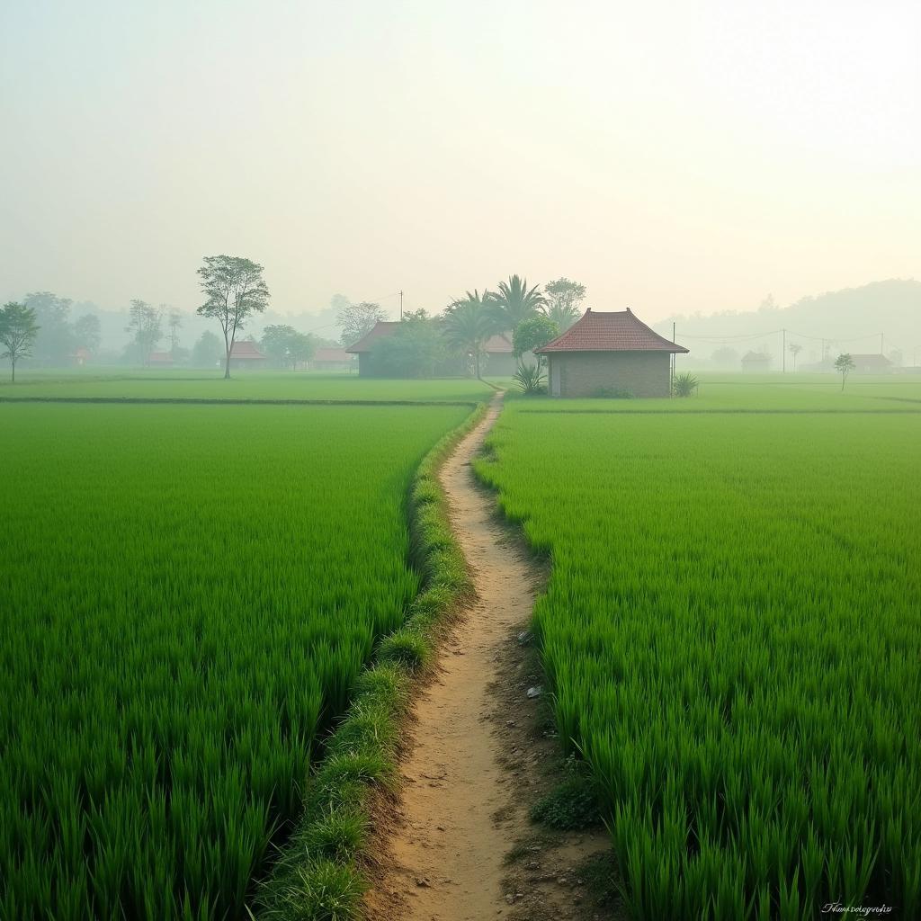 Khung cảnh cánh đồng lúa xanh trải dài bát ngát tại xã Đồng Bằng, Hưng Yên một buổi sáng trong lành.