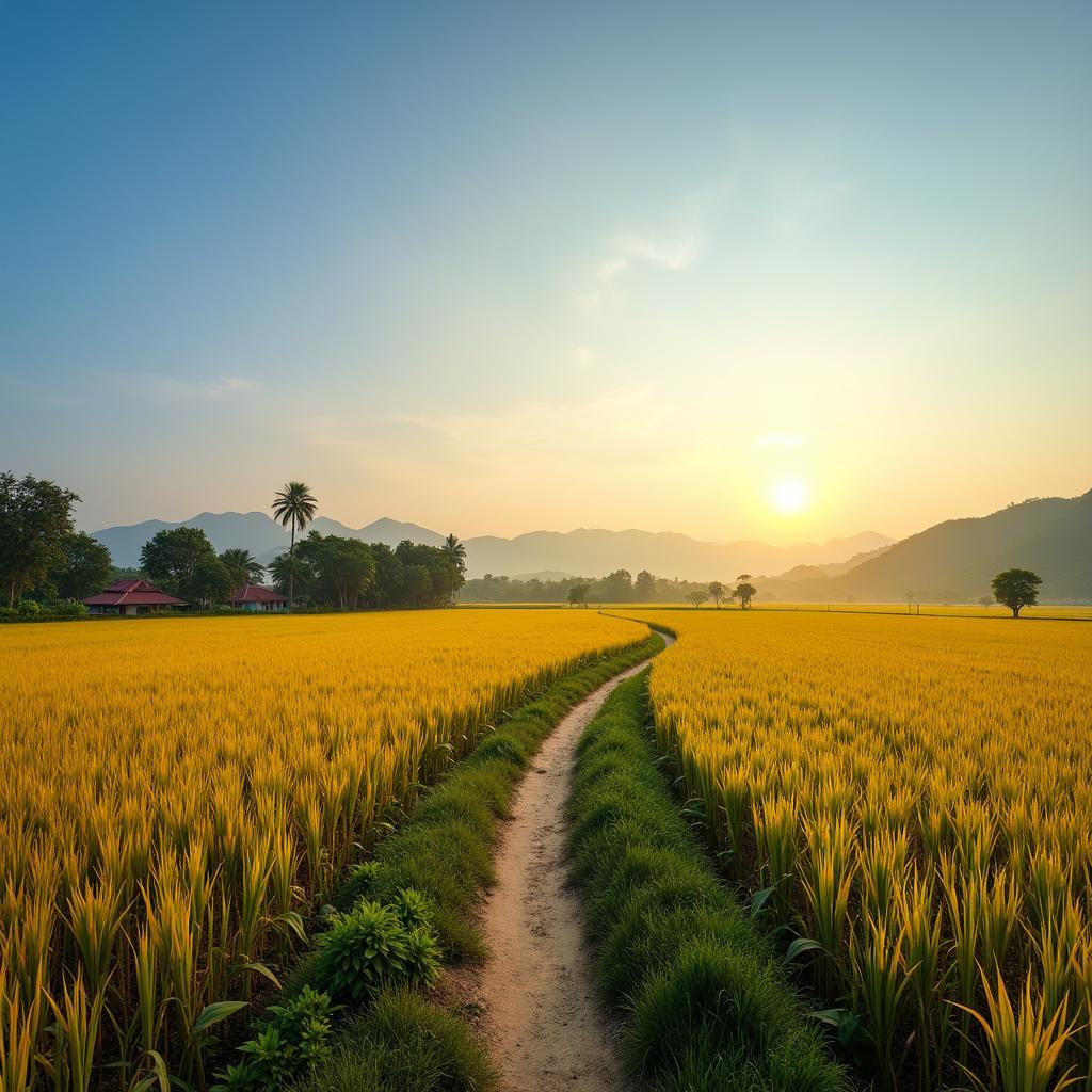 Khung cảnh làng quê Bắc Bộ thanh bình tại Nam Thụy Anh, Hưng Yên với cánh đồng lúa vàng óng.