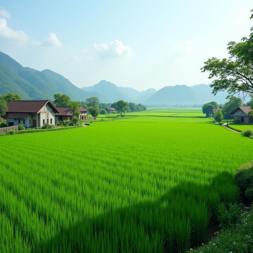 Cảnh quan nông thôn yên bình tại Xã Liên Minh với những cánh đồng lúa xanh mướt xen kẽ khu dân cư truyền thống.