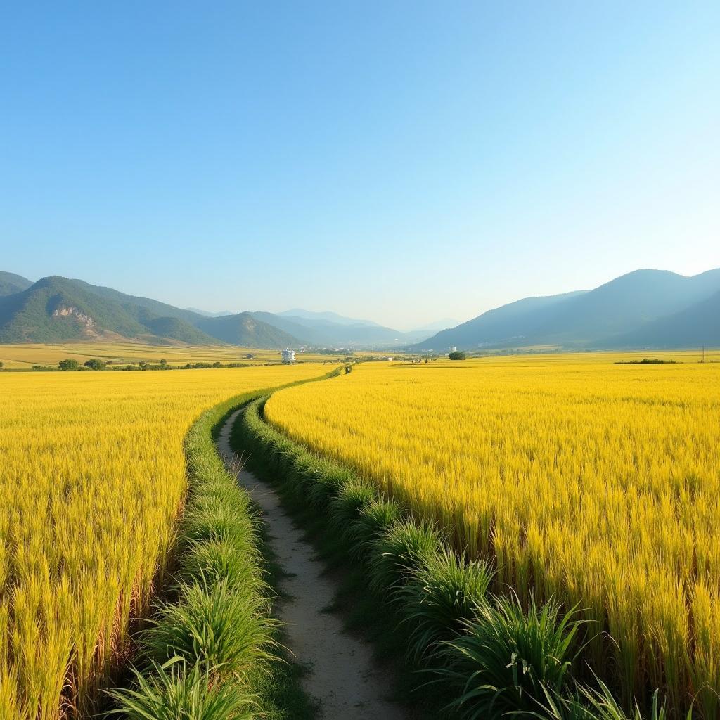 Cánh đồng lúa vàng rực và đồi thấp yên bình tại Xã Hồng Sơn, Mỹ Đức, Hà Nội.