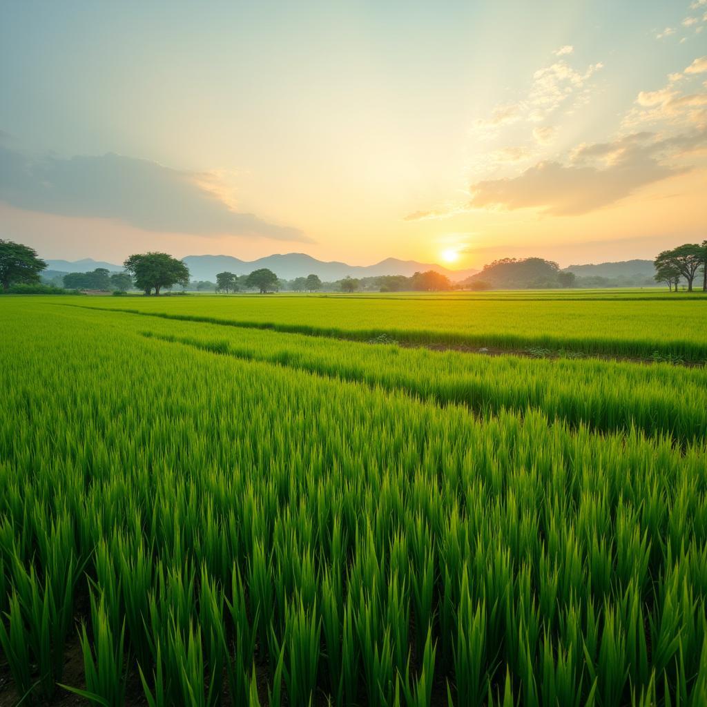 Toàn cảnh cánh đồng lúa xanh mướt và yên bình tại Nam Đông Hưng, tỉnh Hưng Yên vào một buổi chiều tà