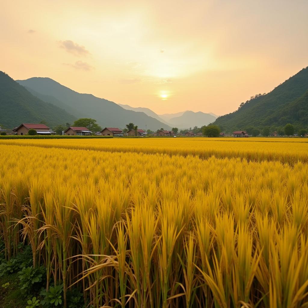 Cánh đồng lúa vàng rực rỡ tại Xã Tân An vào mùa thu hoạch, phản ánh vẻ đẹp nông thôn Tuyên Quang.