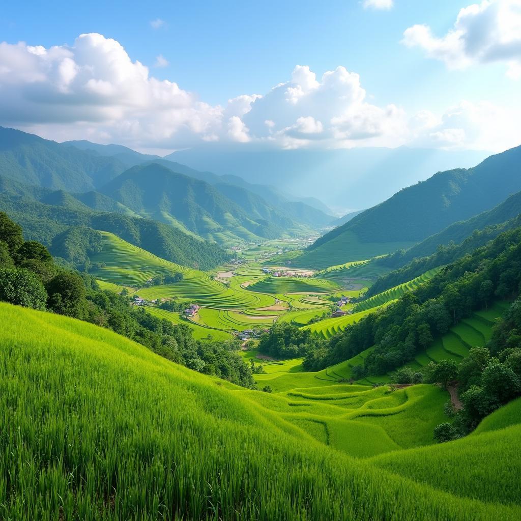 Canh dong lua bac thang xanh muot tai Xa Thuong Ha Tinh Lao Cai mien nui phia bac