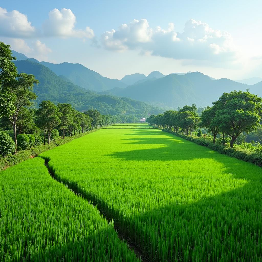 Cảnh quan yên bình với cánh đồng lúa và vườn cây ở Xã Nhuận Đức, Củ Chi