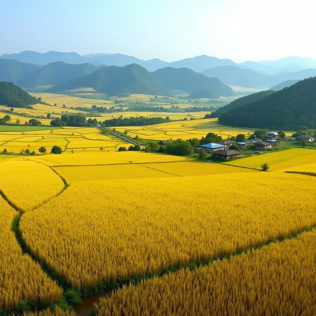 Toàn cảnh cánh đồng lúa chín vàng tại Xã Đồng Lương Phú Thọ mùa thu hoạch