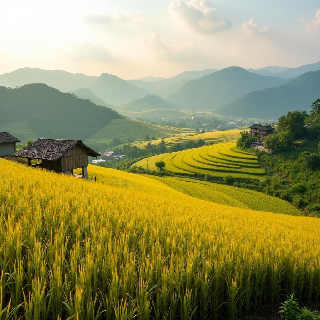 Khung cảnh yên bình của những cánh đồng lúa tại Xã Mường Hoa, Tỉnh Phú Thọ vào mùa lúa chín vàng