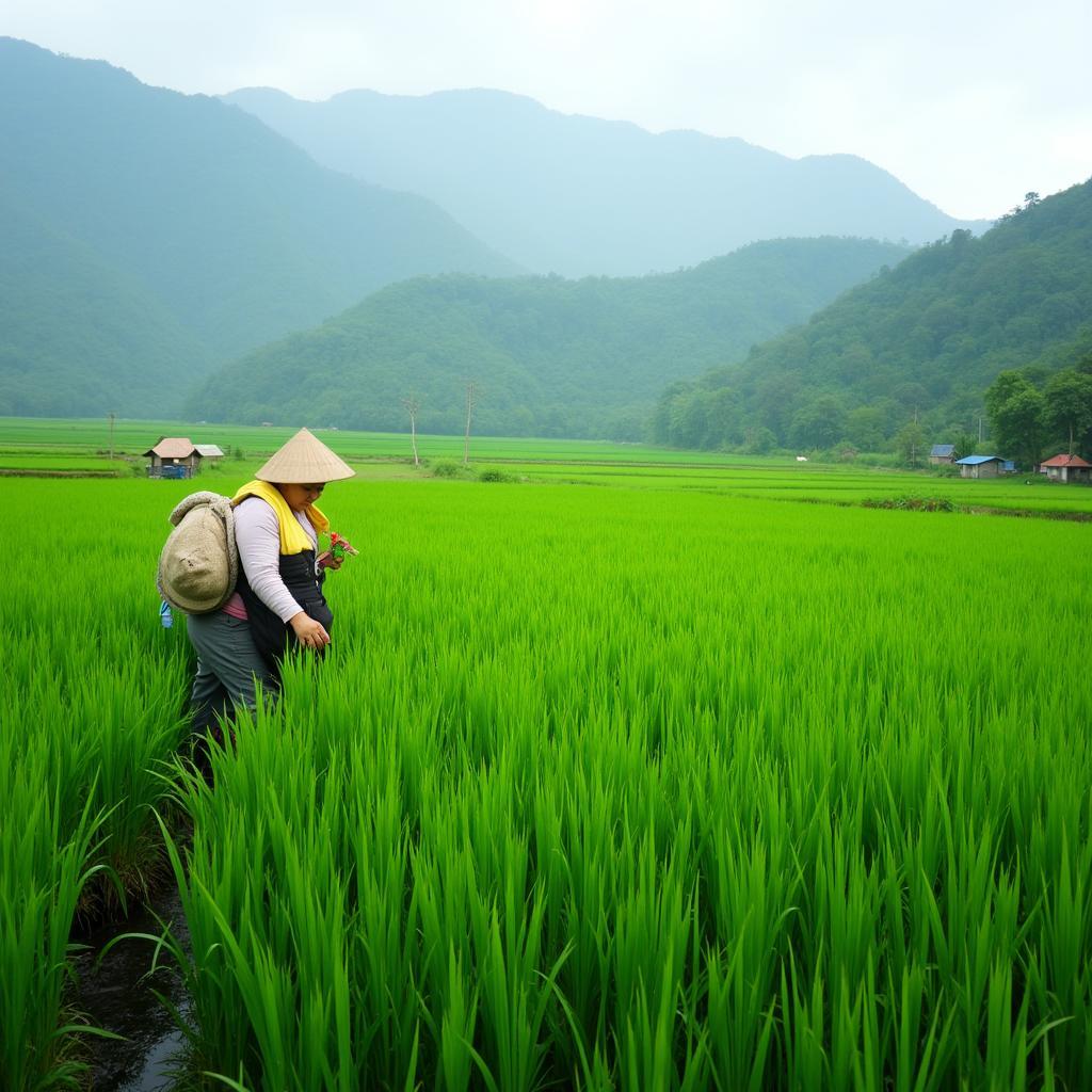 Canh đồng lúa xanh mướt tại Xã Thăng Phú, Huyện Thăng Bình, Tỉnh Quảng Nam thể hiện đời sống nông thôn