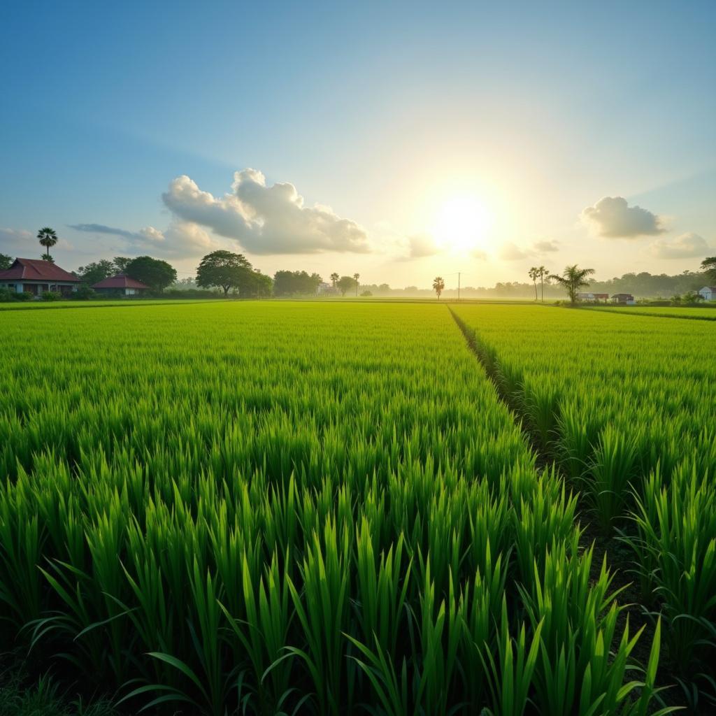 Toàn cảnh cánh đồng lúa xanh mướt và yên bình tại xã Tân Hưng, tỉnh Hưng Yên vào một buổi sáng đẹp trời.