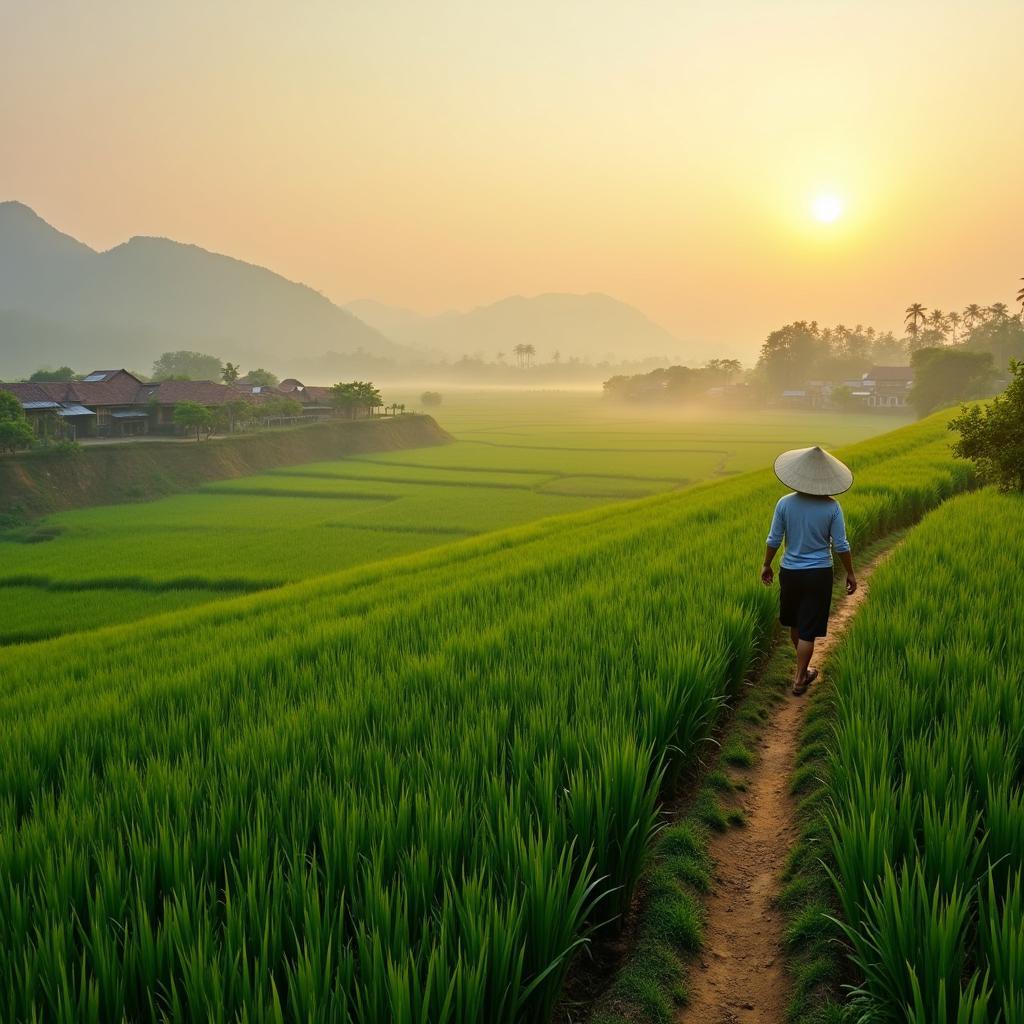 Khung cảnh bình yên của cánh đồng lúa xanh bát ngát tại Xã Long Hòa vào một buổi sáng trong lành, thể hiện vẻ đẹp nông thôn Việt Nam.