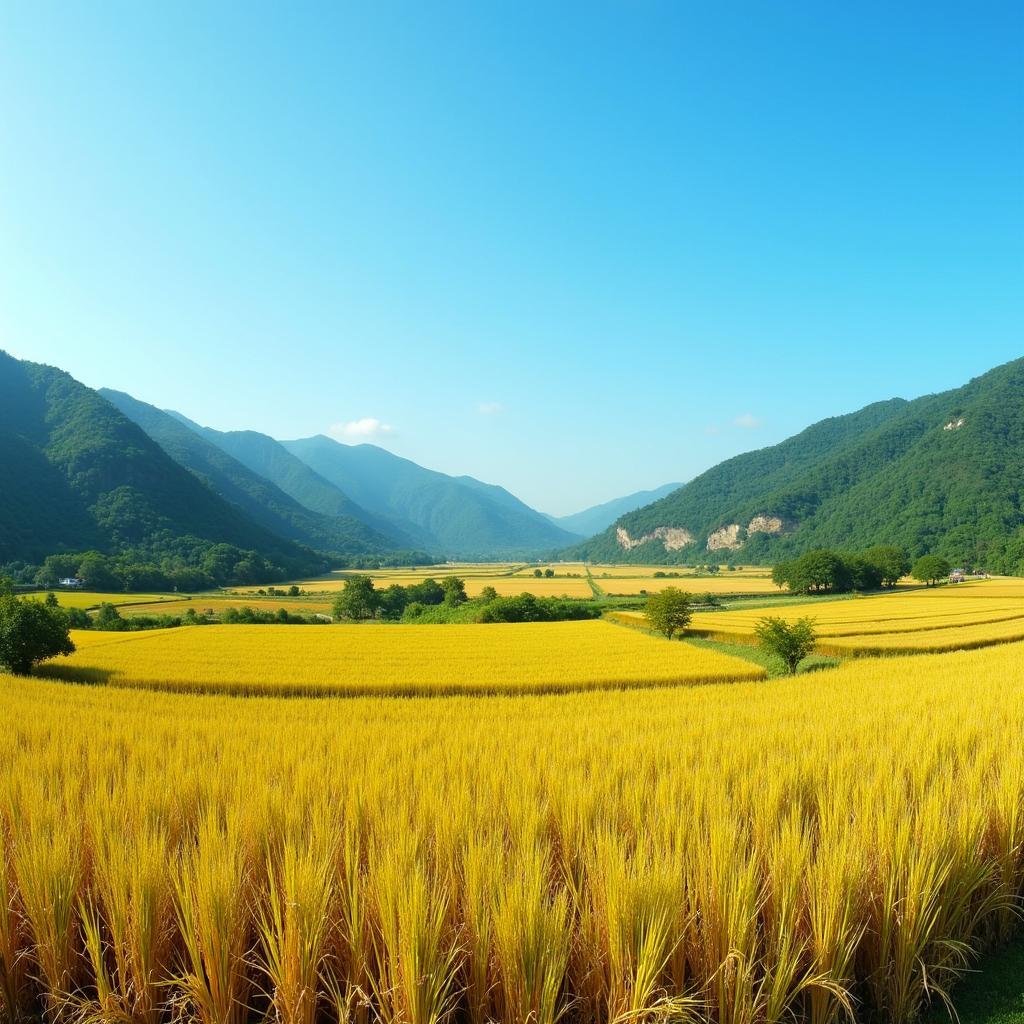 Cảnh đồng lúa chín vàng ở Xã Xuân Quang, Tuyên Quang yên bình thơ mộng