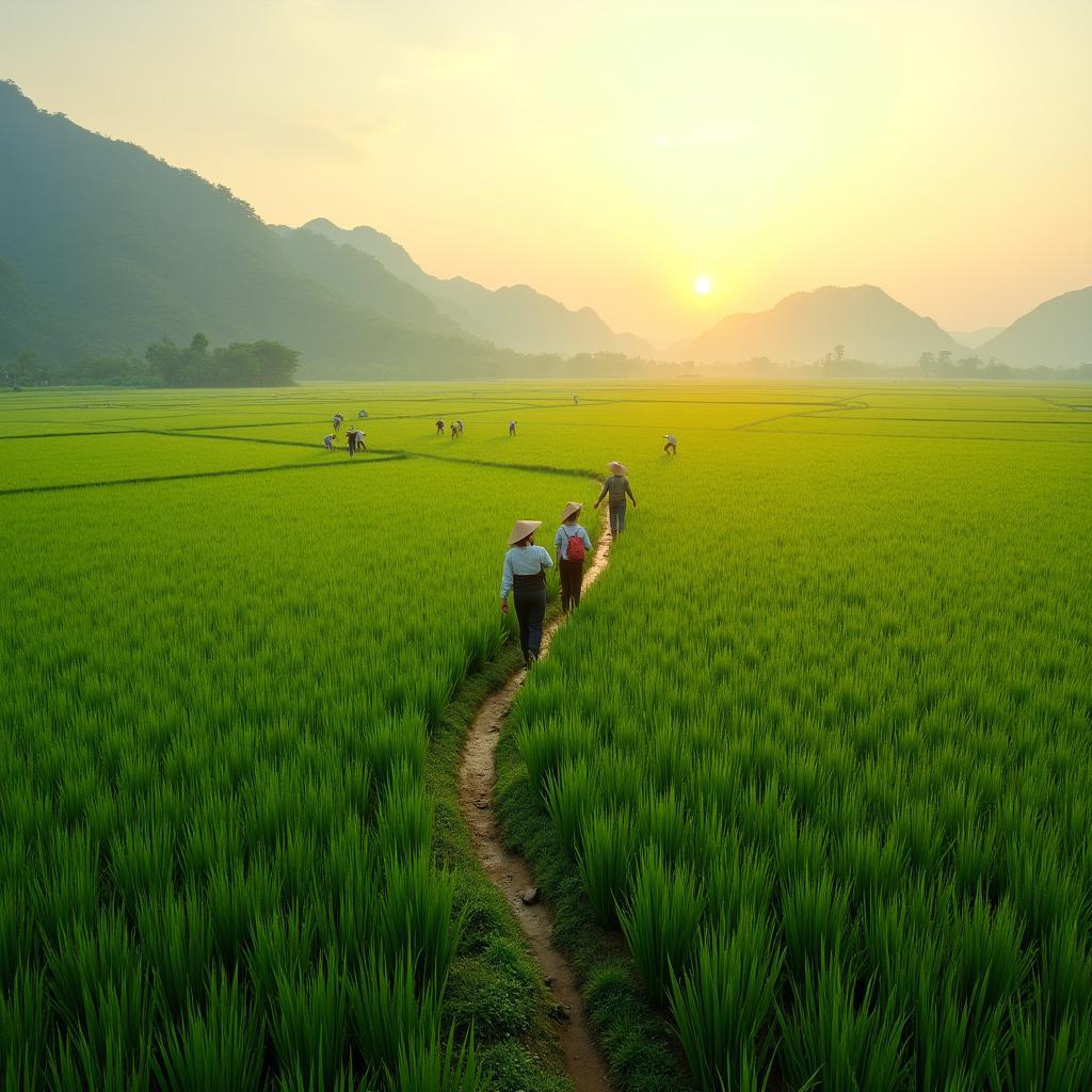 Bức tranh đồng quê thanh bình tại Đồng Châu, Hưng Yên với cánh đồng lúa xanh mướt trải dài dưới ánh nắng vàng dịu.