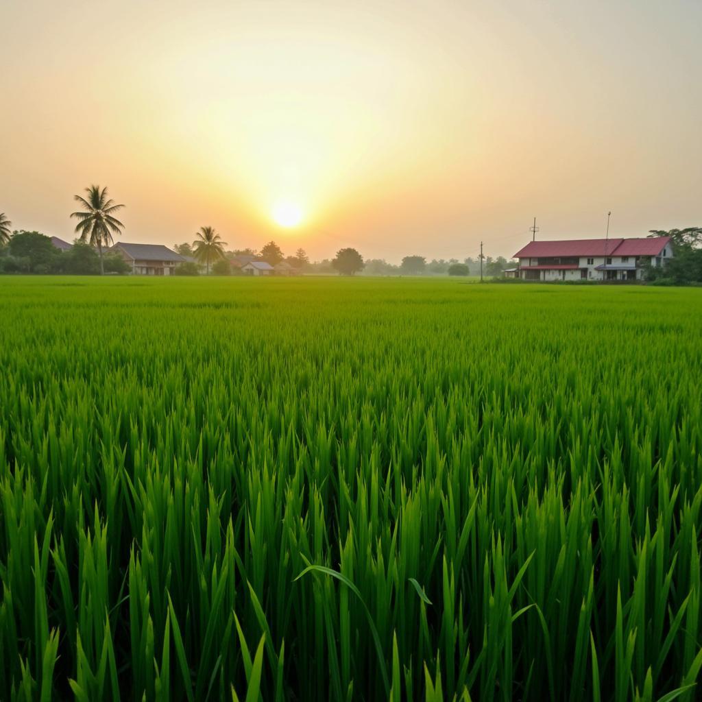 Khung cảnh cánh đồng lúa xanh mướt, thanh bình đặc trưng của xã Hồng Minh, tỉnh Hưng Yên vào một buổi sớm mai
