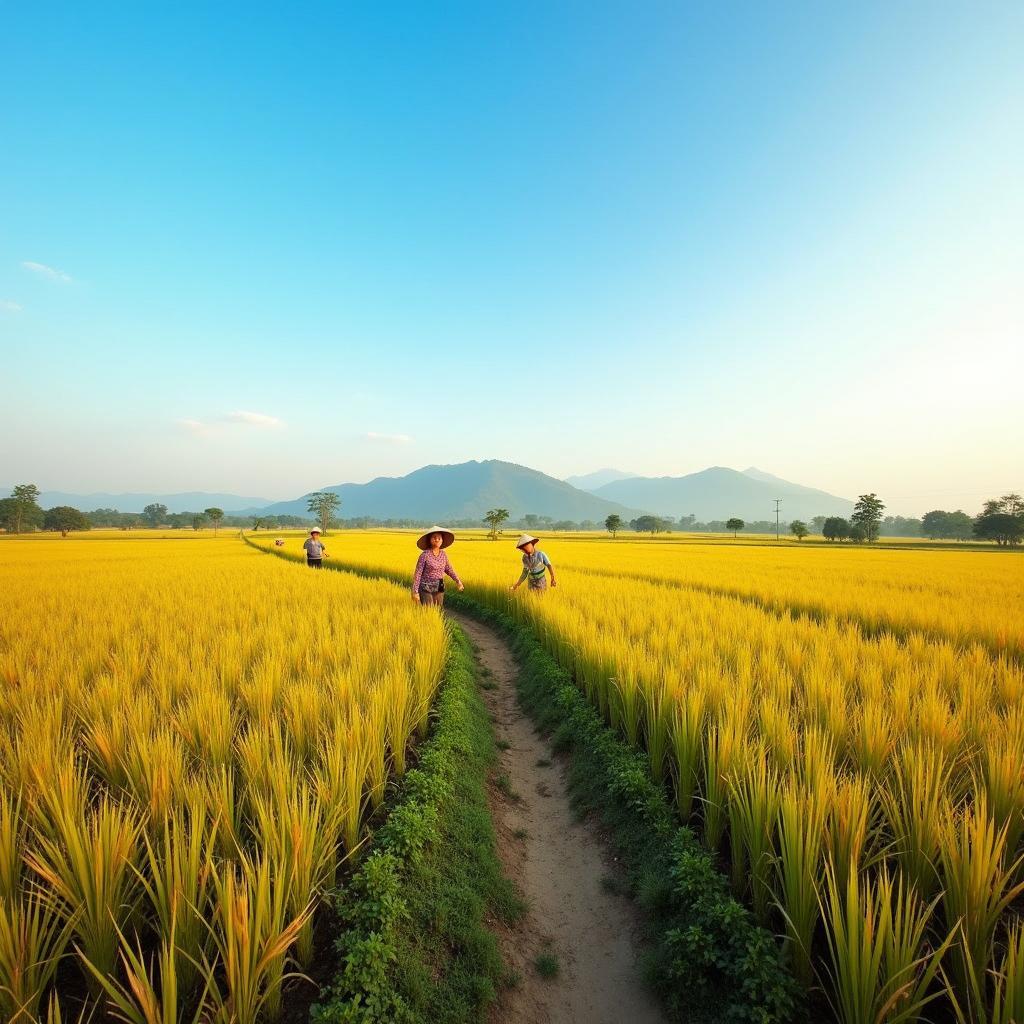Khung cảnh cánh đồng lúa thanh bình và mộc mạc tại xã Tây Thụy Anh, tỉnh Hưng Yên.