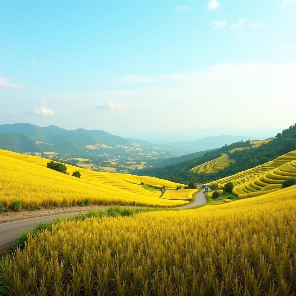 Bức tranh phong cảnh làng quê yên bình tại xã Tây Tiền Hải, tỉnh Hưng Yên với cánh đồng lúa vàng ươm trải dài đến tận chân trời.