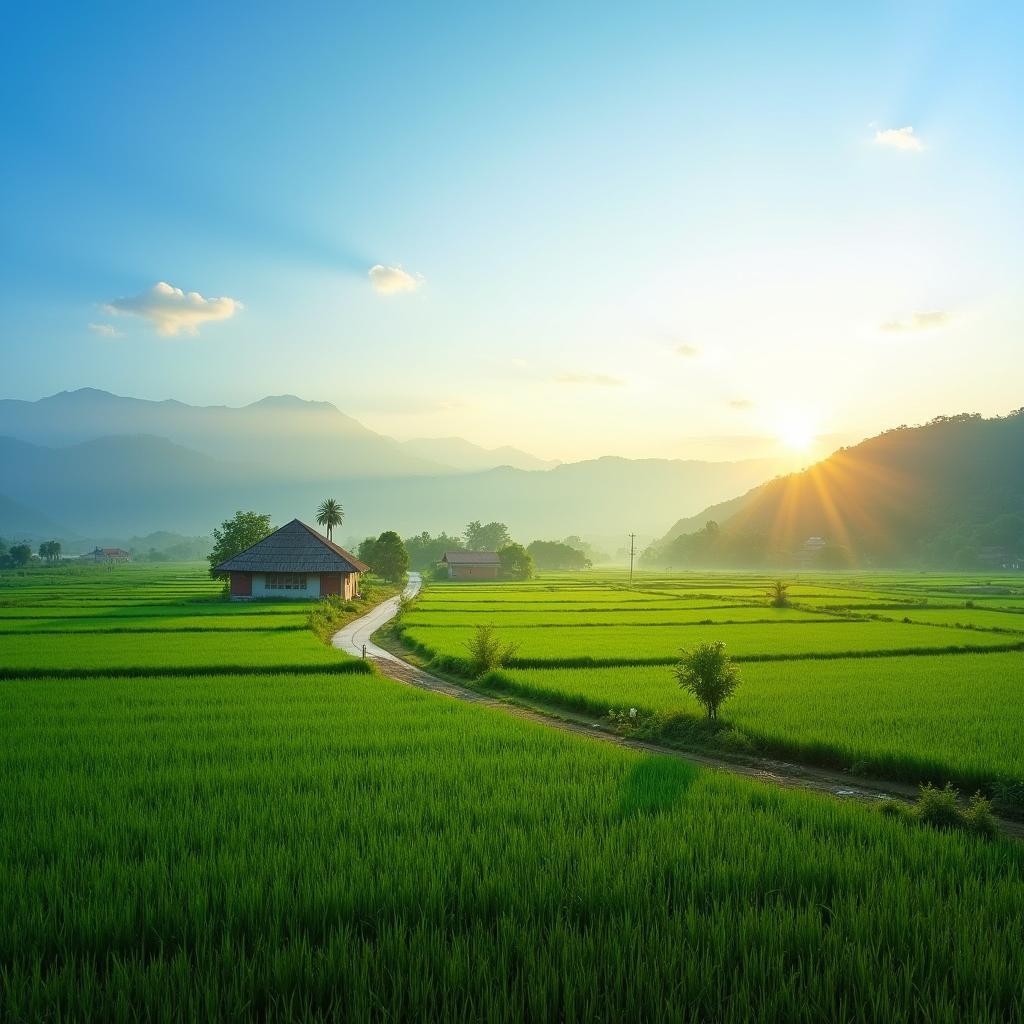 Khung cảnh đồng quê thanh bình tại Trà Lý, Tỉnh Hưng Yên với những cánh đồng lúa xanh mướt trải dài