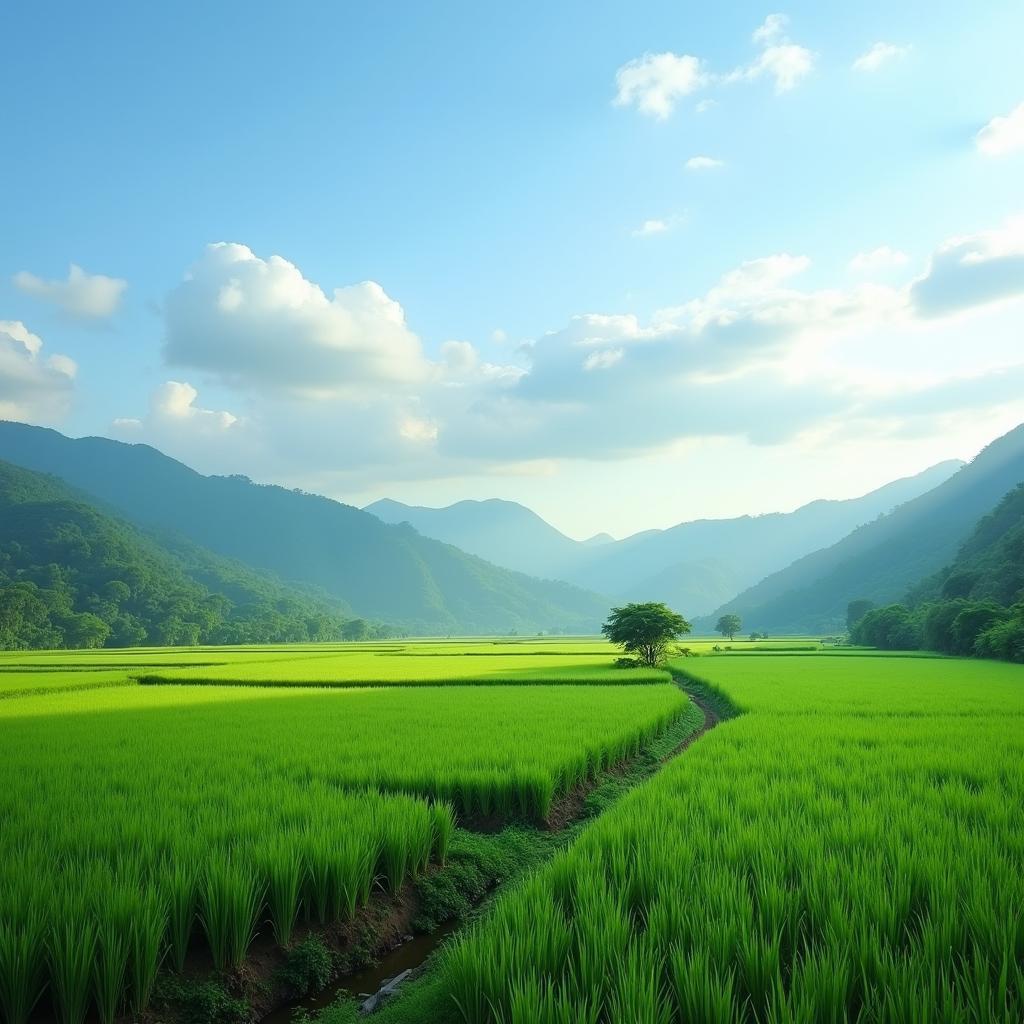 Phong cảnh cánh đồng lúa xanh mướt và con đường làng yên bình tại Quế Sơn, Quảng Nam