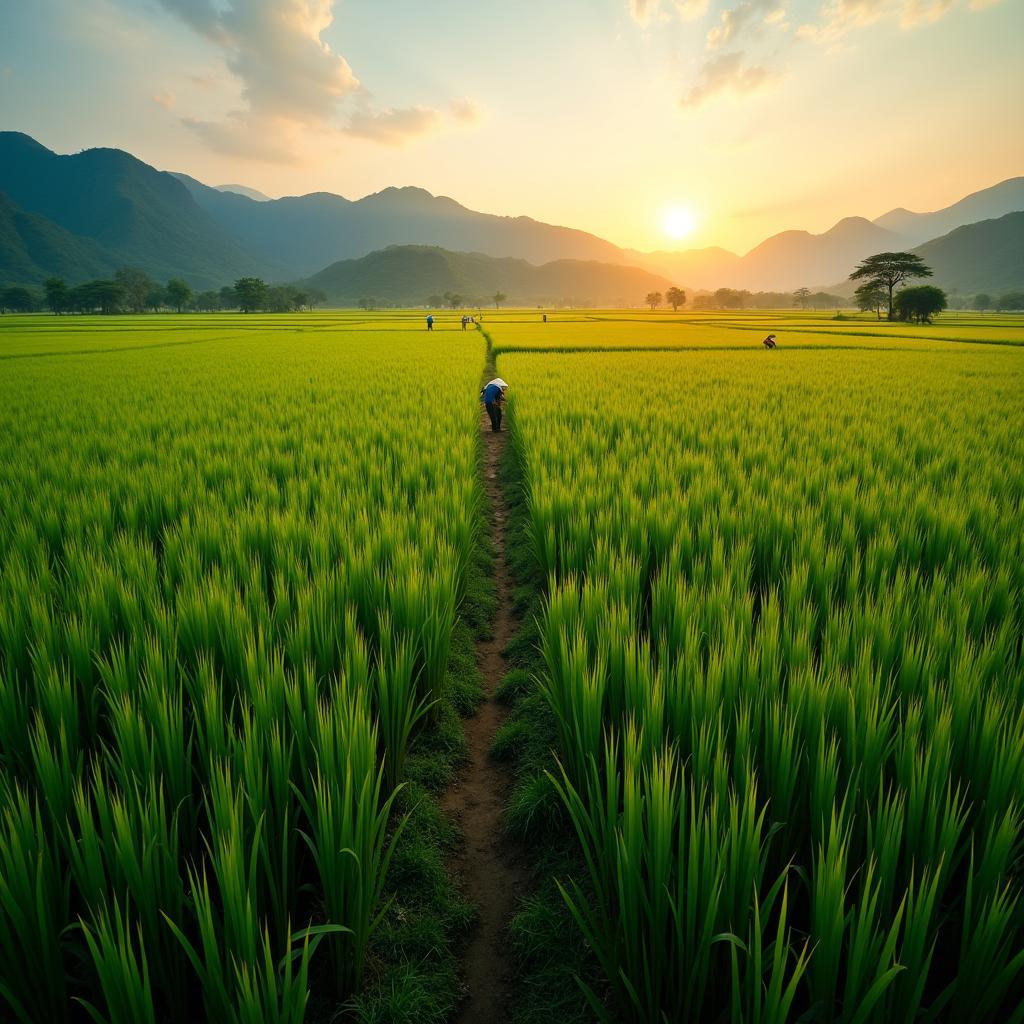 Hình ảnh cánh đồng lúa xanh mướt trải dài tại xã Bình Xuyên, Phú Thọ, thể hiện cuộc sống nông nghiệp bình dị.