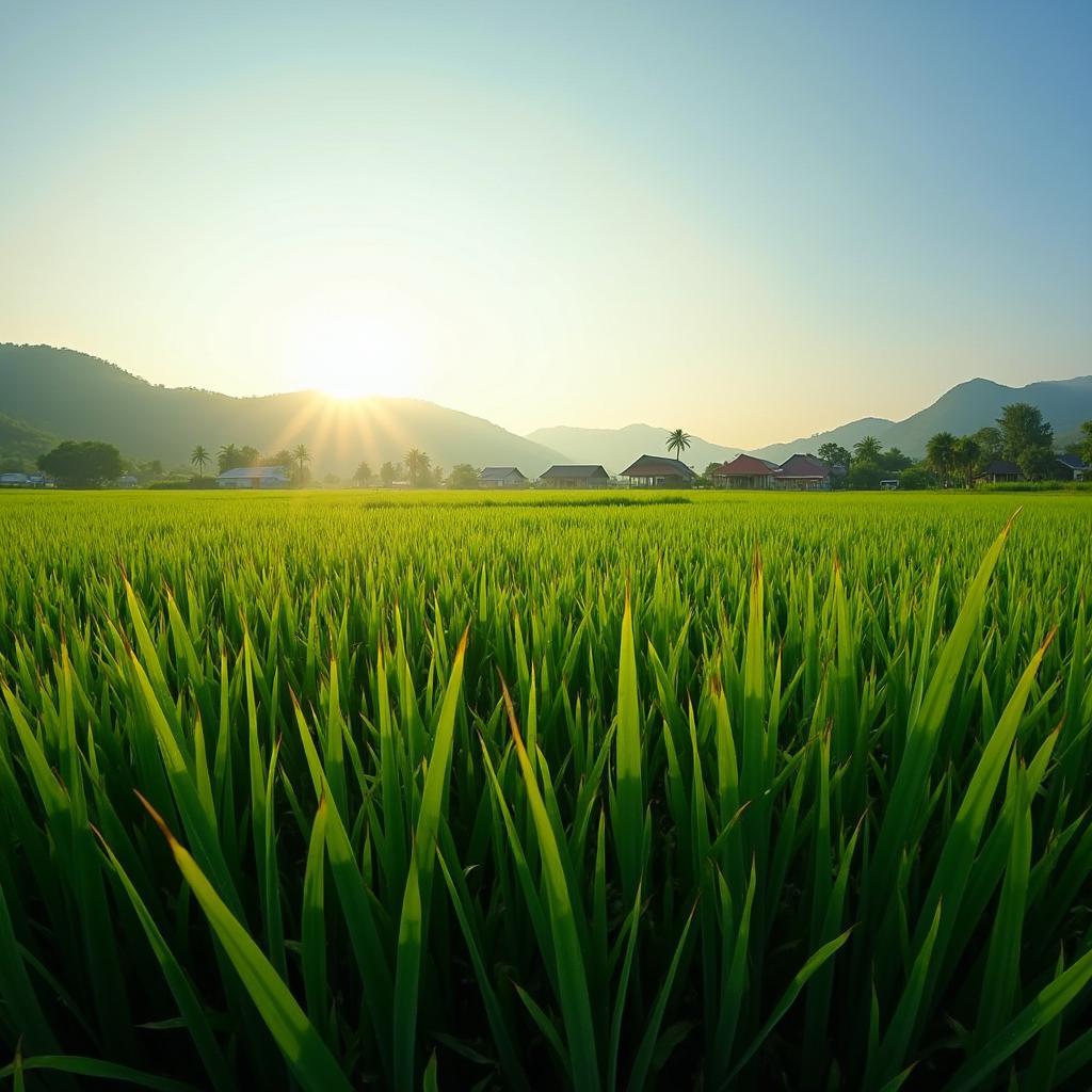 Khung cảnh cánh đồng lúa xanh mướt và yên bình tại xã Hạ Hòa, tỉnh Phú Thọ vào một buổi sớm mai.