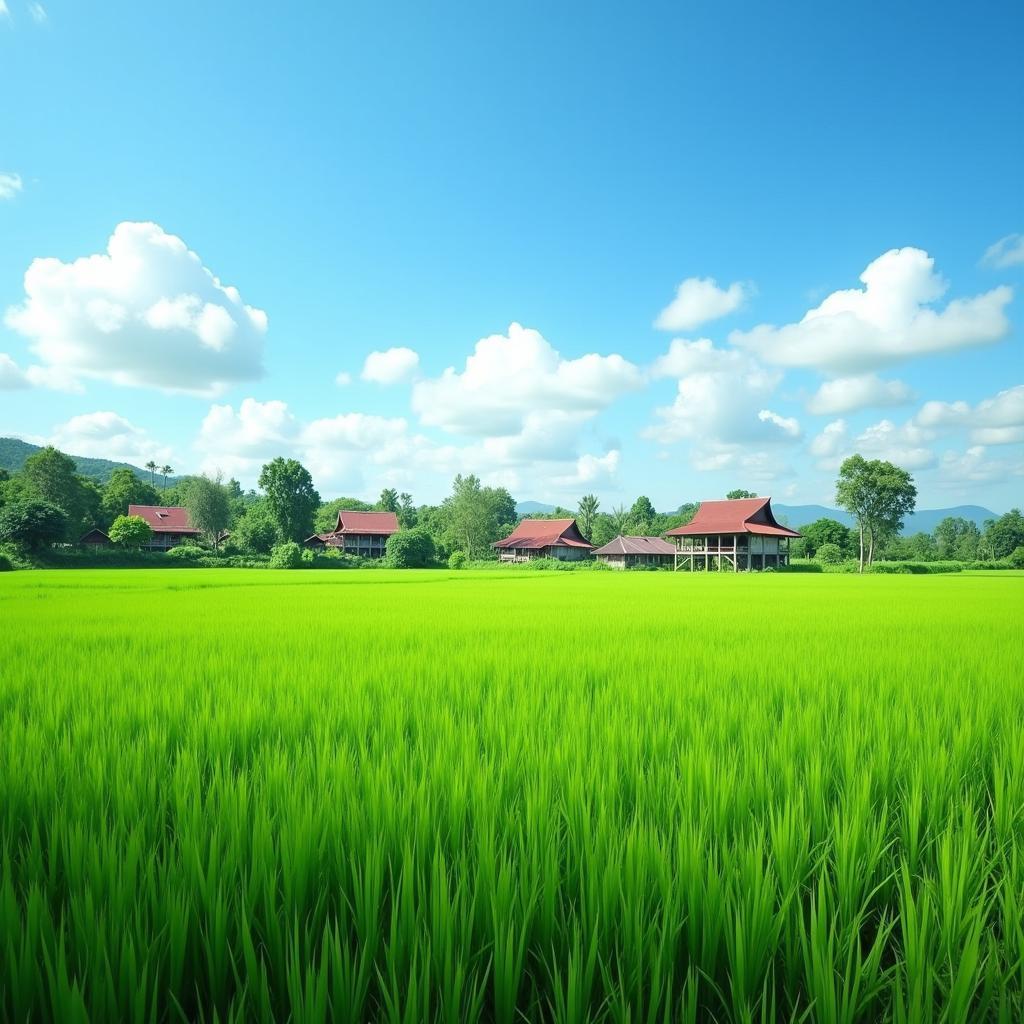 Khung cảnh cánh đồng lúa xanh mướt và yên bình tại xã Phúc Hoà, Bắc Ninh, một biểu tượng của làng quê Bắc Bộ