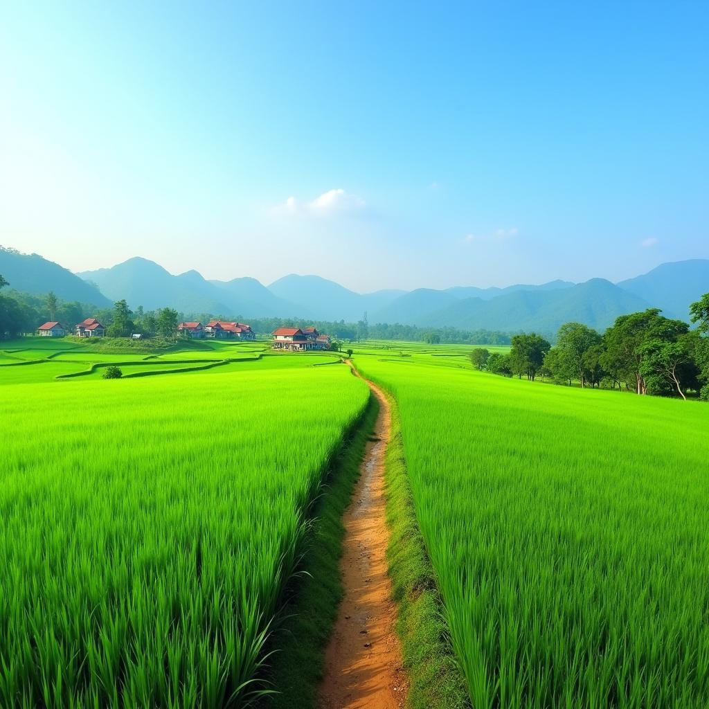 Toàn cảnh cánh đồng lúa xanh mướt và con đường làng quanh co tại Xã Tuấn Đạo, Bắc Ninh.