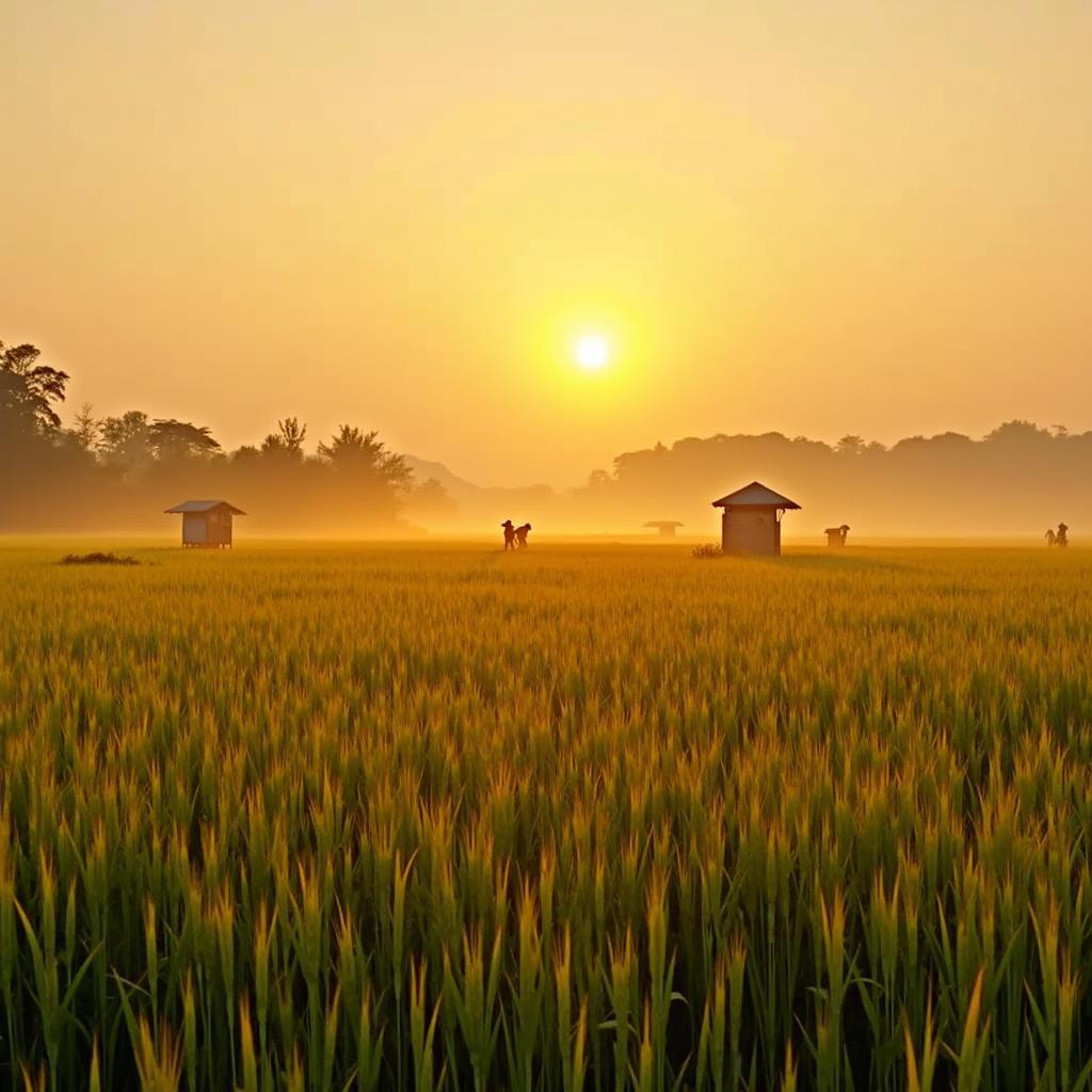 Khung cảnh bình yên của cánh đồng lúa chín vàng tại xã Yên Định, huyện Lương Tài, tỉnh Bắc Ninh vào buổi chiều tà.