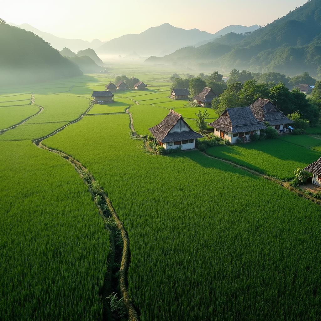 Cánh đồng lúa và nhà cửa yên bình tại Xã Chí Đám Tỉnh Phú Thọ vào buổi sáng