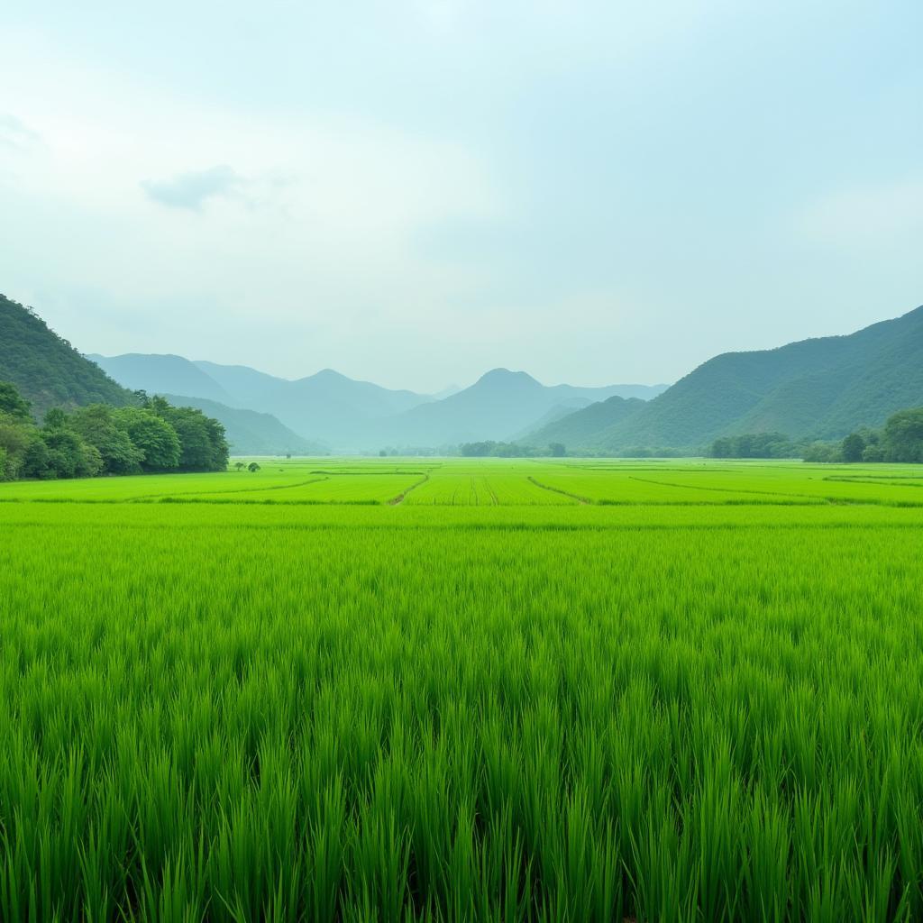 Hình ảnh cánh đồng lúa xanh mướt trải dài tại Xã Vật Lại, Ba Vì, Hà Nội, minh họa vẻ đẹp nông thôn yên bình.
