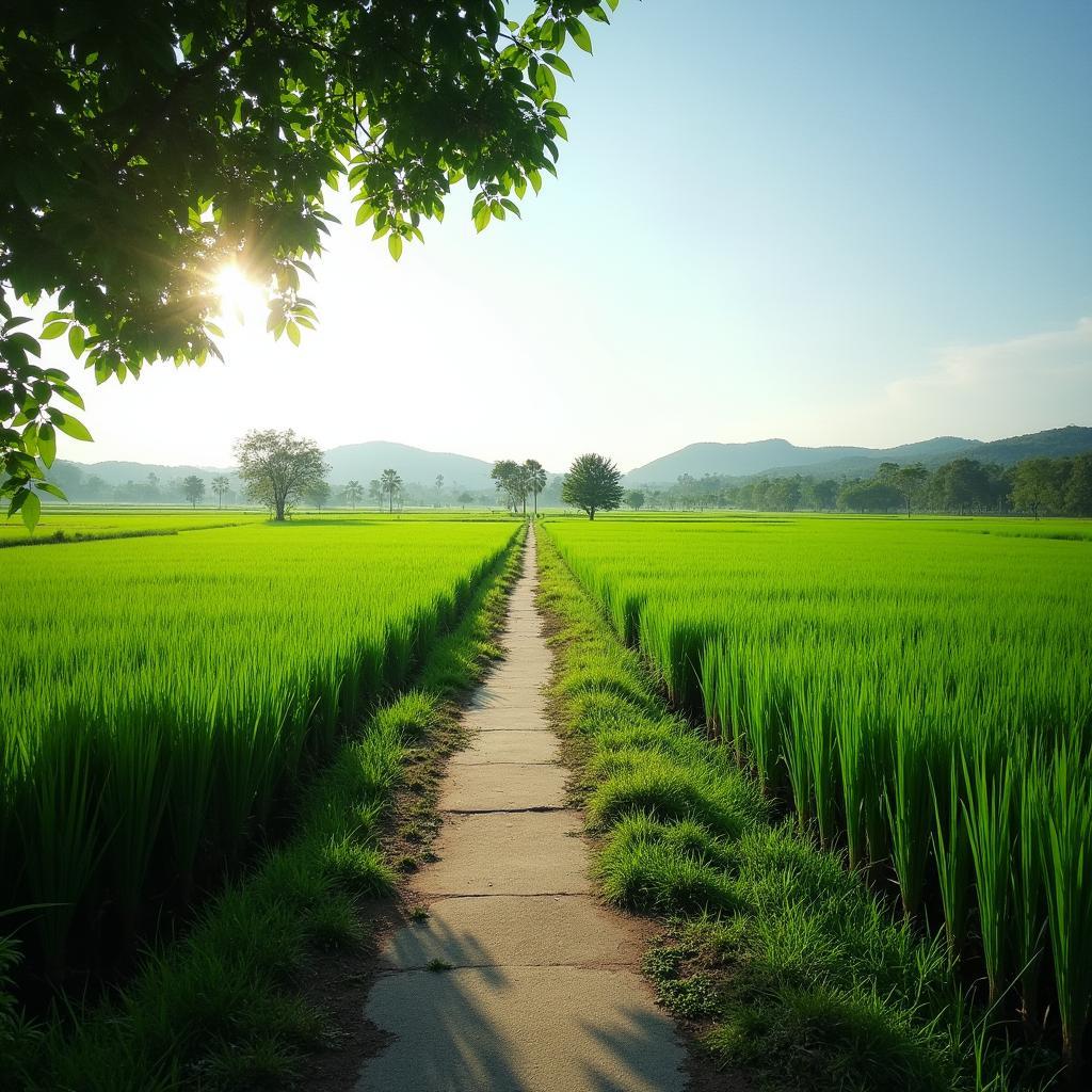 Cảnh quan nông thôn yên bình tại Xã Xuyên Mộc với cánh đồng lúa xanh và con đường quê.