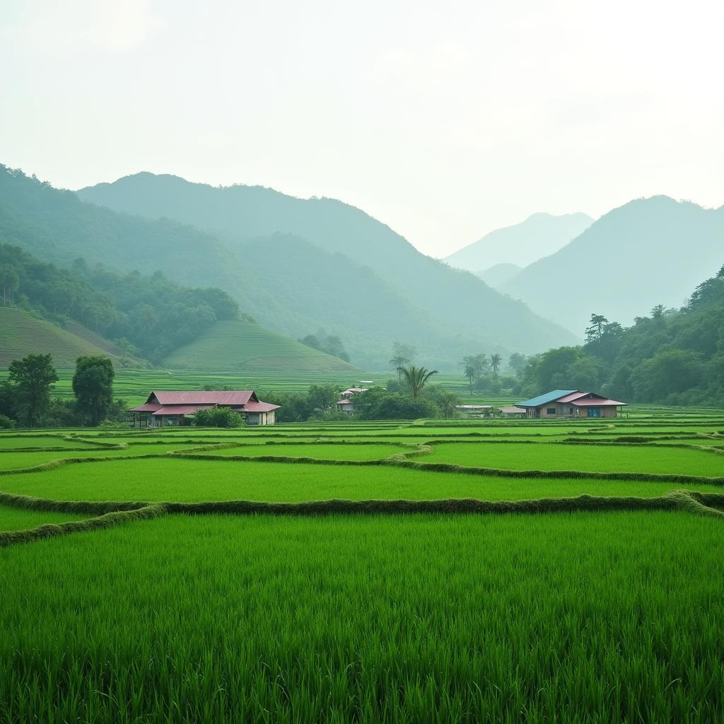 Cảnh quan yên bình của những cánh đồng và đồi núi tại Xã Thái Hòa, Tỉnh Tuyên Quang