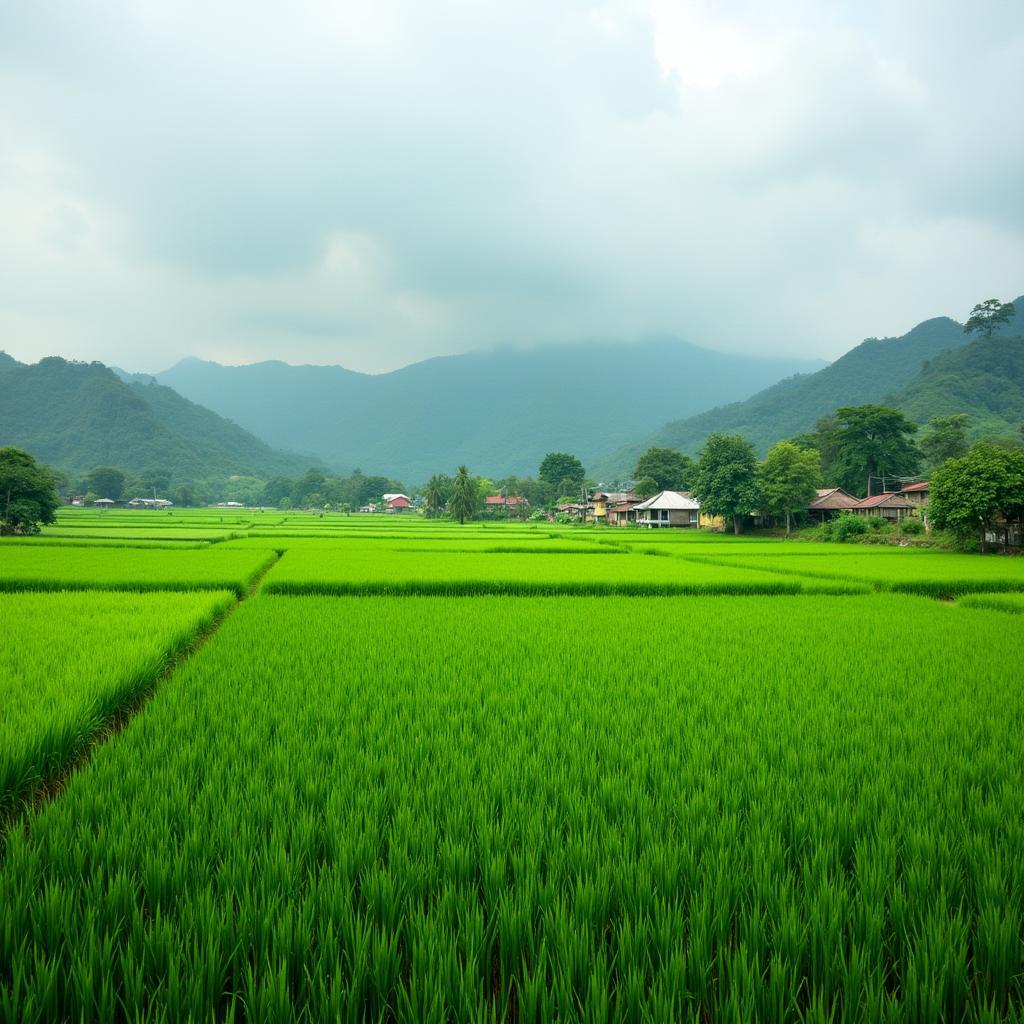 Toàn cảnh cánh đồng lúa xanh mướt tại Xã Xuân Lãng, Tỉnh Phú Thọ, khung cảnh yên bình nơi miền quê