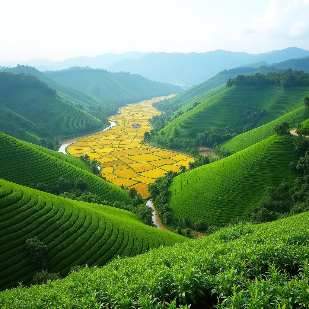Cảnh sắc yên bình của những đồi chè xanh mướt và ruộng lúa vàng tại Xã Đồng Yên, Tỉnh Tuyên Quang