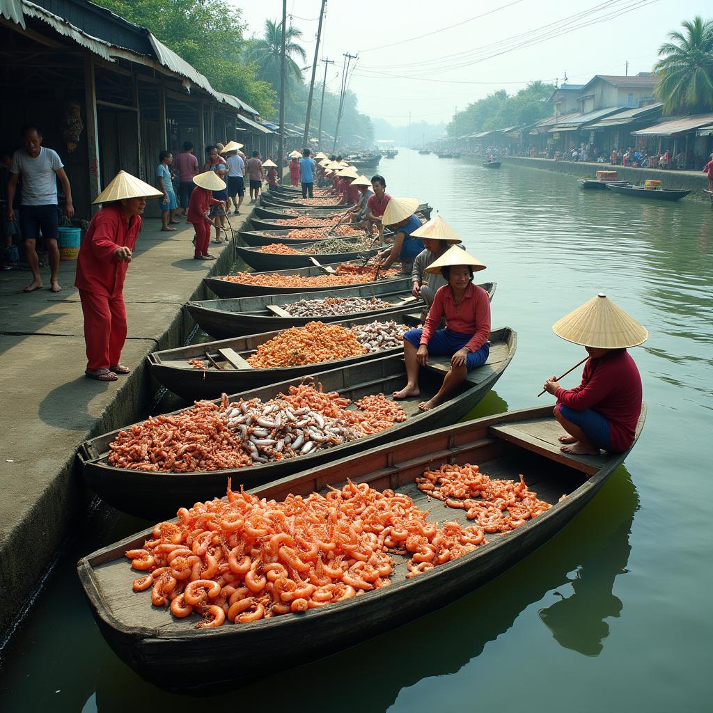Khung cảnh ghe thuyền tấp nập cập bến Chợ Kinh Nước Mặn Long Hựu Đông vào buổi sáng sớm, mang đầy hải sản tươi sống.