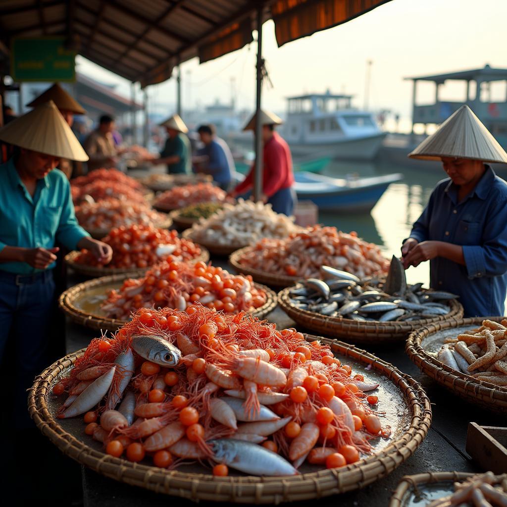 Khung cảnh mua bán hải sản tươi sống tấp nập tại Chợ Nam Điền, Nghĩa Hưng.