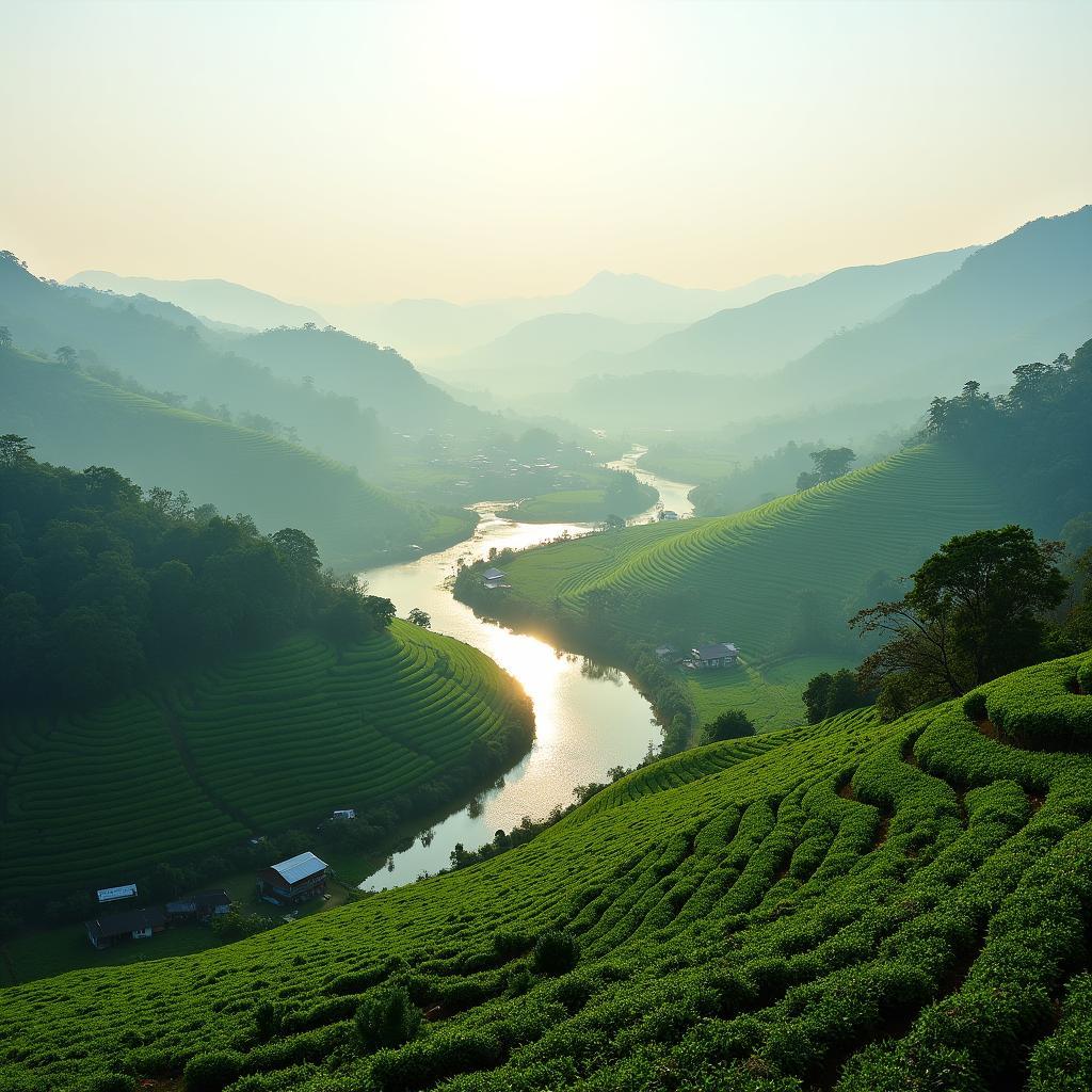 Toàn cảnh vẻ đẹp bình yên của xã Đan Thượng, tỉnh Phú Thọ với đồi chè và sông Hồng uốn lượn.