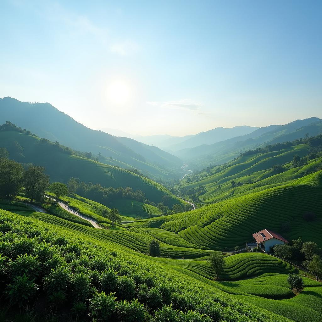 Toàn cảnh xã Lạc Sơn, tỉnh Phú Thọ với những đồi chè xanh mướt và con đường làng quanh co