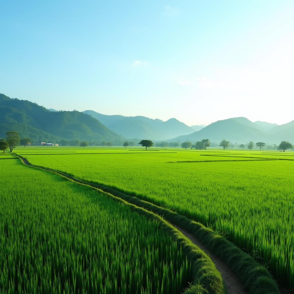 Toàn cảnh vẻ đẹp bình dị của xã Thung Nai, tỉnh Phú Thọ với cánh đồng lúa và đồi núi trung du.