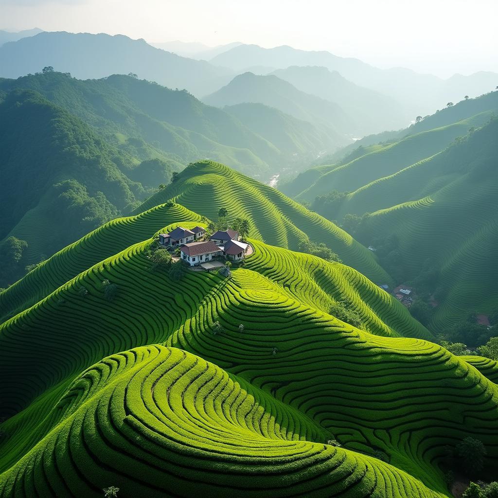 Toàn cảnh Xã Liên Châu, Tỉnh Phú Thọ với những đồi chè bát úp và cánh đồng lúa xanh mướt.